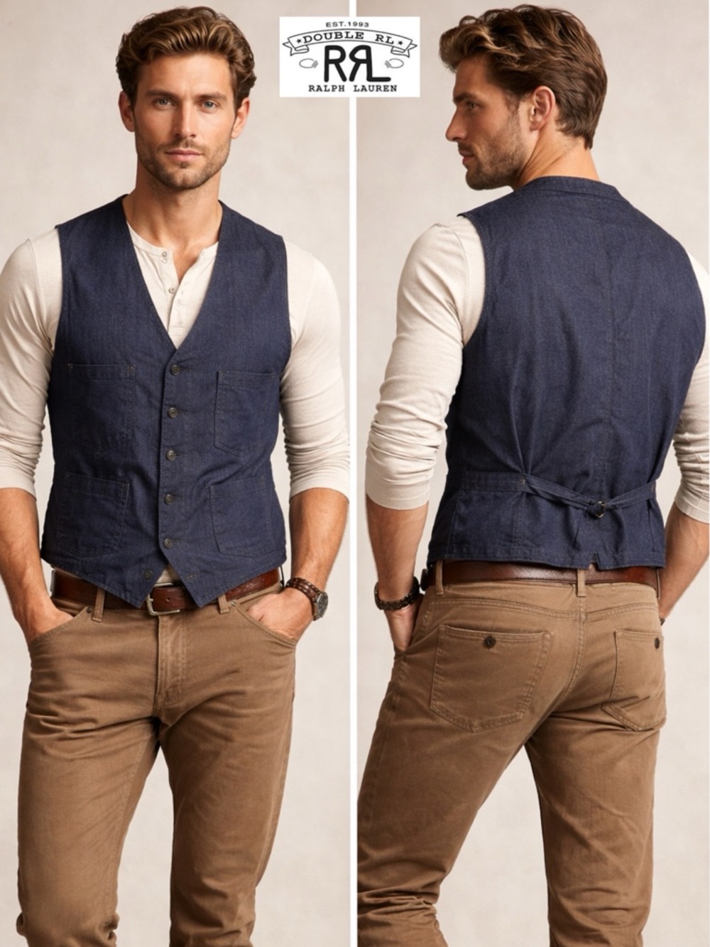 RRL Ralph Lauren Indigo Twill Vest XXL NWT Wool Linen Cotton Cinch Back Workwear